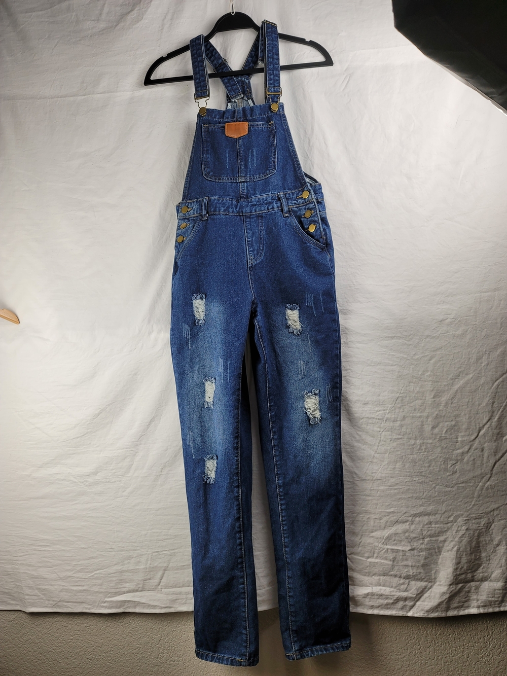 Dark Blue Distressed Women's Denim Overalls with Adjustable Straps - Picture 2 of 9